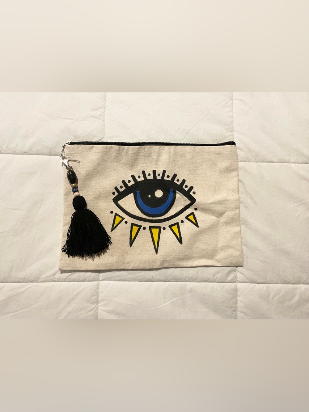 Canvas Eye Zip Pouch with Black Tassel - Blue & Yellow Eye Motif